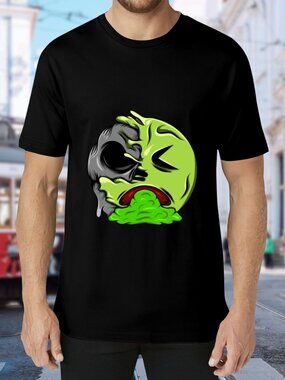Black Short Sleeve Graphic Tee with Green Vomit Emoji Design